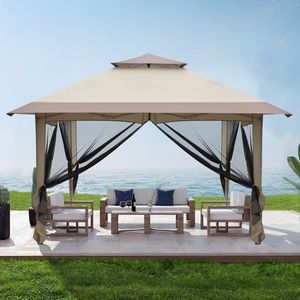 Tenda a baldacchino a 4 lati in rete di garza 3.6x3.6m, in tessuto Oxford bianco, con struttura in ferro verniciato, doppio tetto a sbalzo ad angolo retto, portatile, apertura con un solo pulsante - Product Image 1