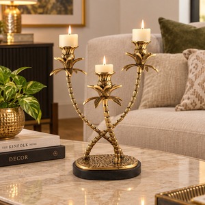 Juego de Portavelas con Diseño de Palmera Dorada, Candelabro de Latón de Tres Brazos para Decoración del Hogar - Product Image 5