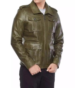 Veste en cuir de vache unisexe décontractée avec fermeture éclair, teinte unie, coupe-vent et respirante pour l'hiver, avec logo frontal, prix de gros - Product Image 3