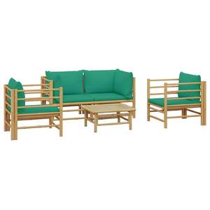 Set Lounge da Giardino in Bambù Naturale con Cuscini in Poliestere Verde - Product Image 3