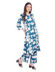 SAZU Blue Floral Printed Kurti Set for <b>Women</b> Elegant A-Line <b>Kurta</b> with Matching Wide-Leg Pants Comfortable Ethnic Suit Set - Product Image 2