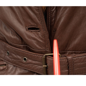 Veste bomber en cuir véritable pour femme avec col en fourrure de renard, ceinture, manteau d'hiver - Product Image 5