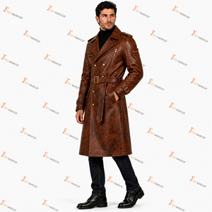 <b>Men's</b> <b>Brown</b> Leather Breathable <b>Trench</b> <b>Coat</b> with Belt Turn-down Collar Double Breasted Design Fashion Streetwear Custom OEM - Product Image 3