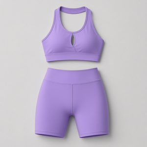 Ensemble de yoga pour femme, couleur menthe violette, bretelles croisées, short taille haute, respirant, en spandex, vêtements de sport 2 pièces - Product Image 6