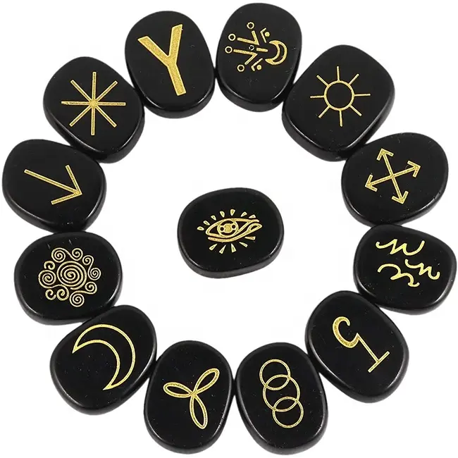 Black Obsidian Gipsy Symbol Palm Stone : Natural Engraved Runes Stone Set of 13, Gypsy Symbols Healing Crysta