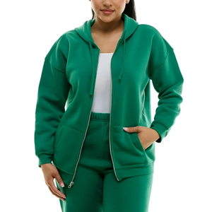 Sweat-shirt à capuche zippé pour femme, vert, doublure douce en mélange de coton et polaire, manches longues, couleur unie, pour l'automne/hiver/printemps - Product Image 2
