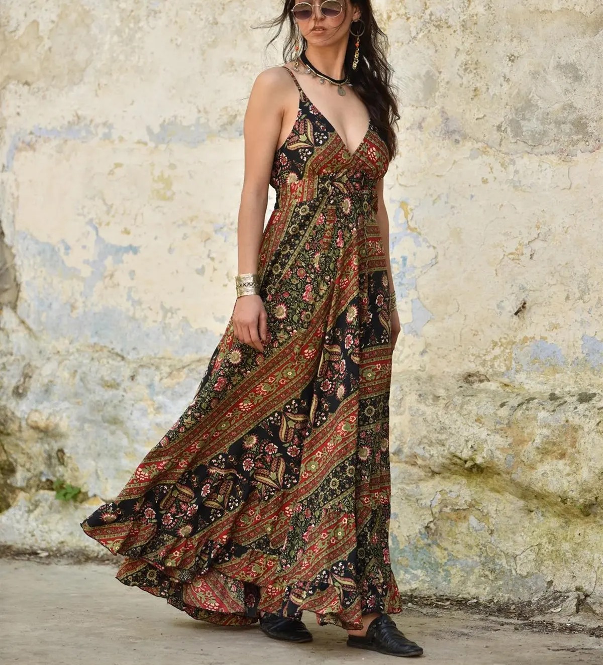 Robe en soie indienne, Sari longue à col en V,, fabricant et vente en gros