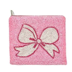 Monedero con cuentas de semillas de lazo rosa para mujer, accesorio de moda personalizado, monedero bellamente diseñado - Product Image 1