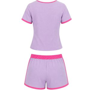 Conjunto de dos piezas de shorts para mujer en lavanda y rosa, top con cuello cuadrado y botones, bordado de oso de peluche, ribete en contraste, informal, de algodón, para verano. - Product Image 2