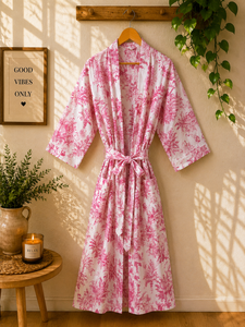 Floral Cotton V-neck Drawstring Closure Breathable <b>Kimono</b> <b>Women</b> Boho Robe Printed Beach Cover Lightweight Resort Wear Indian - Product Image 3