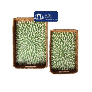[VENTA EXITOSA] Bandeja Decorativa Rectangular de Ratán con Incrustaciones de Perlas de Loto Azul, Estilo Zen Asiático, para Pan, Galletas, Frutas, Té, Hecha a Mano en Vietnam - Product Image 1