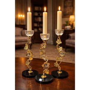 Golden Brass Candlestick Holder Set Floral Design Home Decoration Wedding Decor Durable Metal Stand - Product Image 5