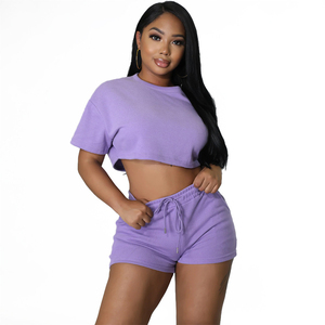 Ensemble femme tricoté en coton, couleur unie violet, haut court et short, décontracté, respirant, tenue de sport d'été, manches courtes, au-dessus du genou - Product Image 1