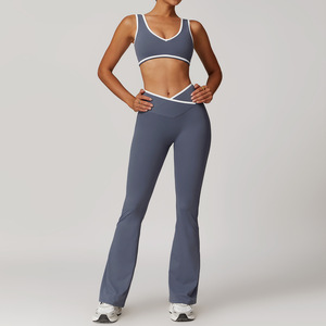 Women Solid 4-Piece Yoga Set Breathable Nylon Spandex Precision Cut Sports Bra <b>Leggings</b> Workout Wear Custom OEM Wholesale - Product Image 3