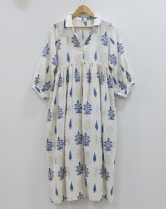 Robe tunique midi pour femme 100% coton, col en V, manches bouffantes, silhouette en A, respirante, écologique, tie-dye dessiné à la main - Product Image 1