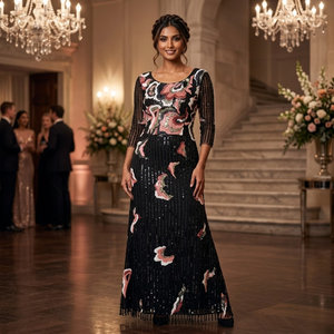 Vestido de Noche Moderno para Mujer, Negro, con Lentejuelas Bordadas, Corte en A |   Vestido de Fiesta Largo hasta el Suelo con Manga Media, Estampado Floral y Espalda Descubierta - Product Image 2