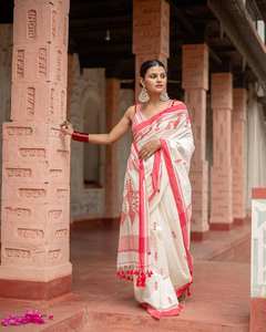 Eco-Friendly Handloom Soft Lichi Silk <b>Saree</b> <b>Red</b> Geometric Tribal Art Handwoven Ethnic Wedding Sun Protection Wrinkle Free Indian - Product Image 1
