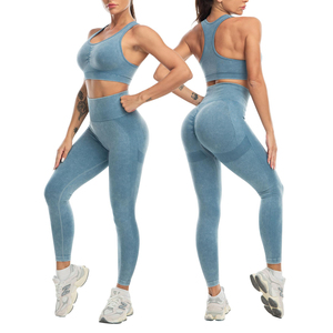 Ensemble de yoga sans couture bleu pour femme, soutien-gorge de sport et leggings taille haute, 2 pièces, design côtelé pleine longueur, dos nageur sans manches - Product Image 2