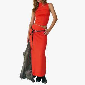 Elegant Women's <b>Red</b> Knitted Two Piece Set Sleeveless Turtleneck <b>Top</b> With Full Length Skirt Casual Spring Summer Wear Maxi Skirts - Product Image 4