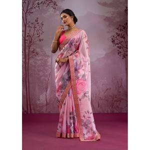 Sari en mousseline de soie de créateur avec un magnifique imprimé floral pour les occasions de fête - Product Image 5