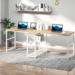 83FT Large Office Desk Double <b>Study</b> Writing <b>Table</b> with Storage Shelves Durable MDF Material Natural Finish for Home Office - Product Image 2