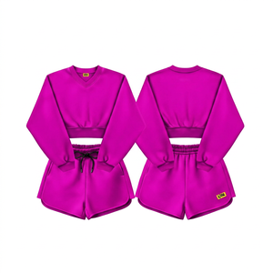 Ensemble 2 pièces tricoté bleu pour femme : Crop top et short, col en V, manches longues, couleur unie, coupe classique, toutes saisons - Product Image 3