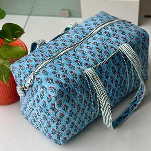 Blue Floral Quilted <b>Duffel</b> <b>Bag</b> With Striped Handles Zipper Closure Portable Travel Weekender <b>Bag</b> - Product Image 1