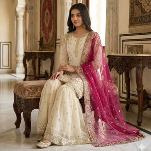 Ensemble Gharara de style pakistanais haut de gamme – Kurta en soie Fendy pure avec dupatta brodée – Tenue ethnique pour fêtes et occasions spéciales - Product Image 1