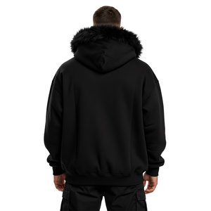 Sweat-shirt à capuche zippé en fourrure noire pour homme, sweat-shirt à capuche oversize en polaire d'hiver, veste décontractée streetwear avec poches - Product Image 5