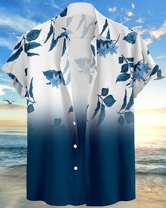 เสื้อเชิ้ตแขนสั้นลายดอกฮาวายสำหรับผู้ชาย สีขาวดำไล่เฉดพร้อมลายใบไม้ ติดกระดุม ใส่สบายๆ ไปชายหาดได้ - Product Image 2