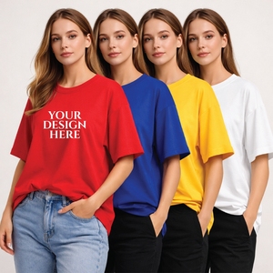 Camiseta de mujer al por mayor personalizada con hombros caídos, estilo urbano, oversize, transpirable, de algodón, cuello redondo, color liso - Product Image 1