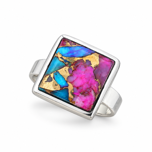 Bague en argent turquoise rose cuivrée avec coquille d'huître barbelée, style bohème western, bijou fantaisie pour femme - Product Image 2