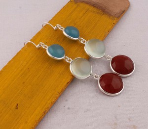 Natural Multi-Gemstone Drop <b>Earrings</b> 925 Sterling Silver Blue Chalcedony & <b>Red</b> Carnelian Tiered <b>Earrings</b> Handmade Wholesale - Product Image 4