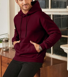 Sweat-shirt à capuche bordeaux pour homme, coupe classique, en molleton de coton, couleur unie, avec poche, pour l'automne - Product Image 4