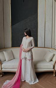 Reglance Premium Natural Crepe Silk Embroidered Floral Short Sequence Kurta Plazzo <b>Set</b> Shaded Chiffon Georgette Dupatta Luxury - Product Image 4