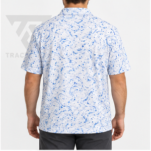 เสื้อโปโลผู้ชาย Trackstar สีขาวลายหินอ่อนสีน้ำเงิน แขนสั้น ปกติดกระดุม สไตล์ลำลอง เหมาะสำหรับตีกอล์ฟ รับสกรีนโลโก้ - Product Image 4