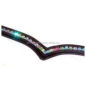 Bandeau de tête de cheval en cuir incurvé en forme de V rembourré avec cristaux multicolores arc-en-ciel de 6 mm, sur mesure avec couture complète - Product Image 5