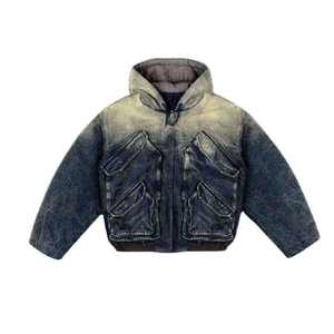 <b>Men's</b> Washed <b>Denim</b> <b>Hooded</b> <b>Jacket</b> Solid Color Zipper Closure Casual Loose Fit Autumn Wear - Product Image 2
