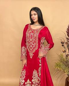 <b>Women</b> Red Silk Embroidered Long <b>Kurta</b> Palazzo Set Traditional Indian Pakistani Ethnic Wear - Product Image 2