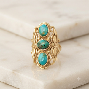 Round Oval Mohave <b>Turquoise</b> Gemstone <b>Ring</b> 925 Silver Bezel Setting Bohemian Style Unisex Everyday Wear Gold Plated And Rose Gold - Product Image 2