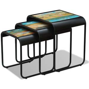 Ensemble de 3 tables basses multicolores en bois recyclé massif et acier, tables d'appoint multicolores en bois recyclé et acier - Product Image 6