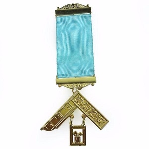 Past Master Craft Breast Jewel Gold Plated Square and <b>Compasses</b> Masonic Medal Light Blue Ribbon Regalia Badge - Product Image 1