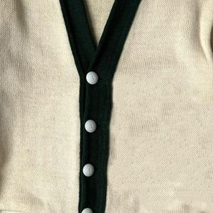 Men's Cream V-Neck Cardigan With Black Trim And <b>Yellow</b> Stripe Sleeve Full Sleeve Cotton Knit Sweater Autumn Wear - Product Image 3