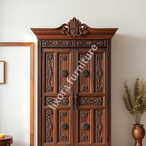 Luxury Handcrafted Solid Wood 2 Door <b>Wardrobe</b> Ornate Botanical Carving Premium Dark Walnut Armoire - Product Image 2