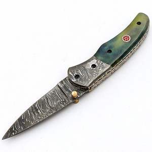 Couteau pliant de poche EDC, lame en acier Damas, manche en résine avec incrustation décorative, couteau compact, fabricant, fournisseur en gros - Product Image 5