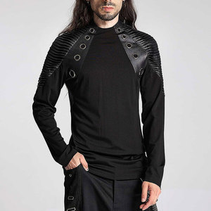 Men's Gothic Black Long Sleeve T-<b>Shirt</b> Slim Fit Top with 3D Pleated Faux Leather Shoulders and Rivet Details - Product Image 2