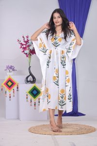 Women's Cotton <b>Kaftan</b> Dress V-Neck Floral Print Boho Knee-Length Loose Fit Short Sleeve Hand Block <b>Summer</b> Eco-Friendly Dress - Product Image 2