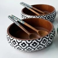 Bol rond en bois de grande taille, de haute qualité, avec autocollant émaillé imprimé, pour servir, mélanger, salade, soupe, fait main, personnalisé.