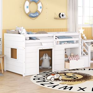 Letto a soppalco basso in legno massello per bambini, con scaletta e cassetto, e mensola bianca - Product Image 6
