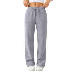 Pantalon de jogging décontracté pour femme, coupe large, taille haute, avec cordon de serrage, couleur unie, ample, longueur intégrale, en coton tricoté, pour l'automne - Product Image 4